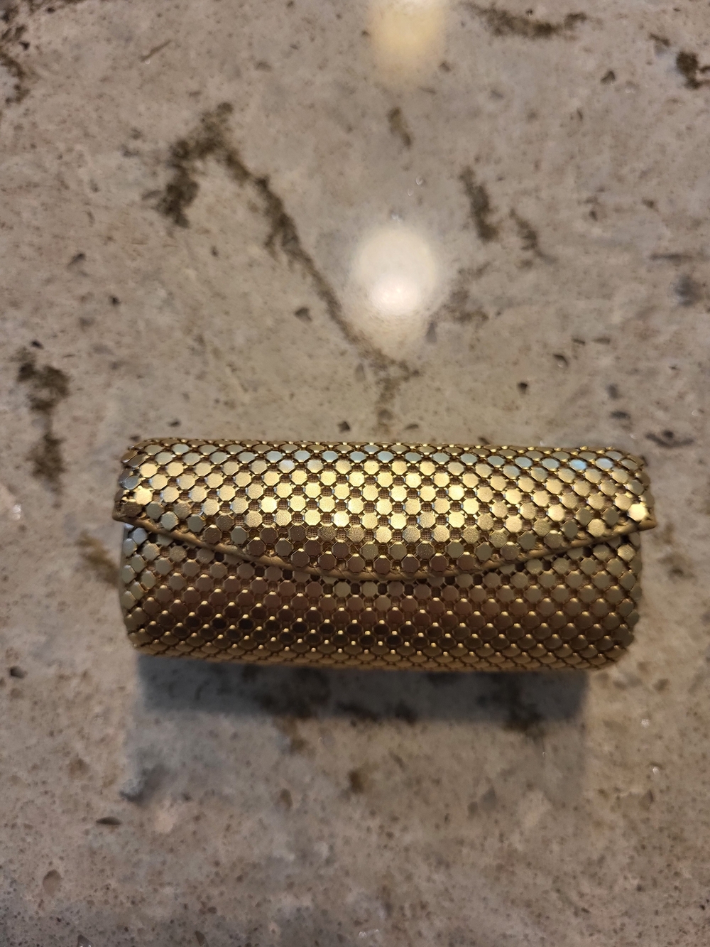Whiting & Davis Gold Metallic Mesh Clutch Lipstick Holder Wuth Mirror.
